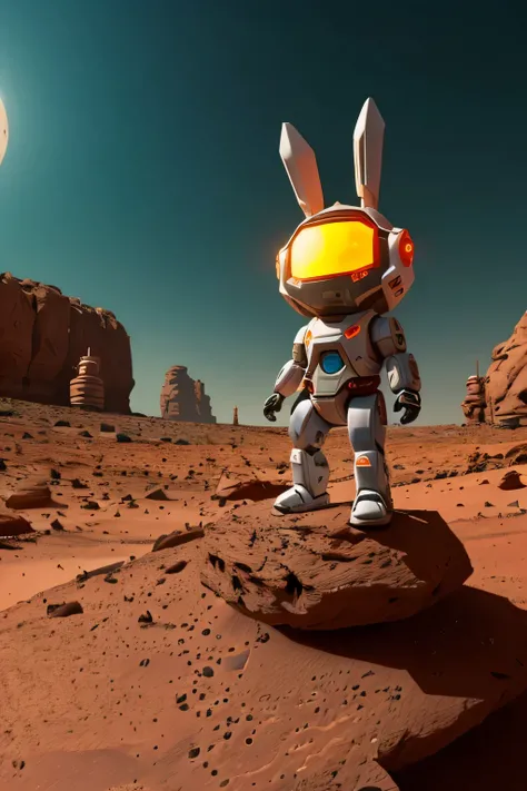 A futuristic Easter egg hunt on Mars! Robots with bunny ears search for glowing, neon eggs hidden amongst red rocks and Martian plants.