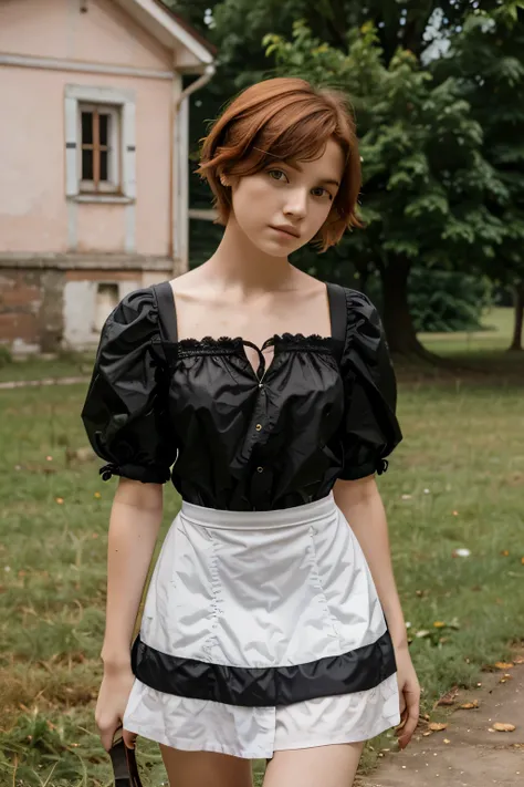 cute 17 years old girl with short hair, outside, redhead, disheveled, east European girl, maid outift