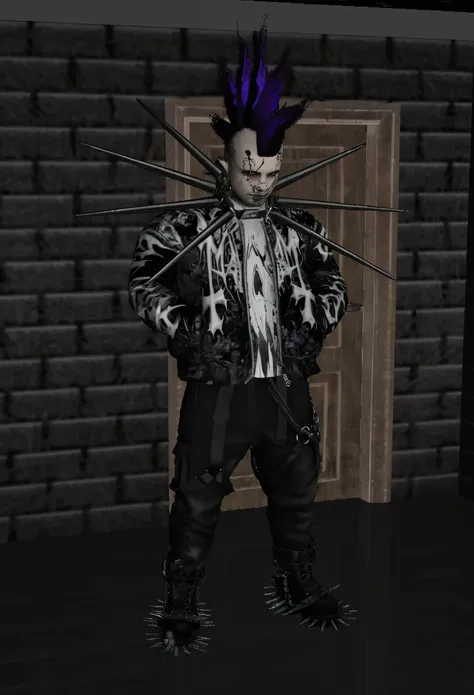 arafed man in a black and white outfit with purple hair, dressed in crustpunk clothing, in a dark space mercenary outfit, techwear occultist, evil devious male, dark artslabcoats, wearing apocalyptic clothes, goth cybersuit, imvu, mechanic punk outfit, sca...