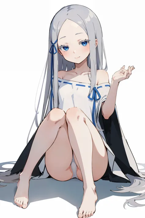 (masterpiece, best quality, ultra high quality, by quan, by mappa, sketch:1.1), ((portrait)), 1girl, solo, pandora, blue eyes, long hair, grey hair, white hair, forehead, blush, bangs, small breasts, parted bangs, barefoot, neutral, innexpressive, small sm...