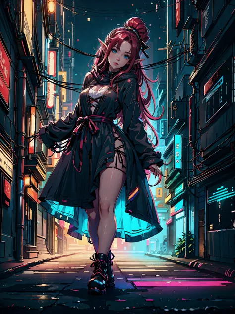 elf girl, stocking fillers, large form, pretty, stroll the night streets of the old city, nearby on the street there is a jazz bar with a neon sign in the shape of a guitar, snowing, girl in a dark coat, with open neckline, red hair a little sprinkled with...