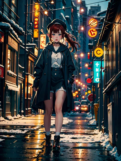 elf girl, suspenders stocking, large form, pretty, stroll the night streets of the old city, nearby on the street there is a jazz bar with a neon sign in the shape of a guitar, snowing, girl in a dark coat, with open neckline, red hair a little sprinkled w...