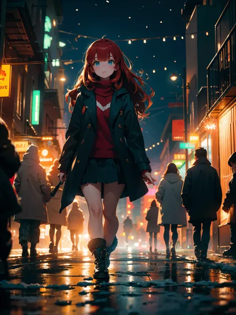 Angel girl, stocking fillers, large form, pretty, stroll the night streets of the old city, nearby on the street there is a jazz bar with a neon sign in the shape, snowing, girl in a dark coat, with open neckline, red hair a little sprinkled with snow