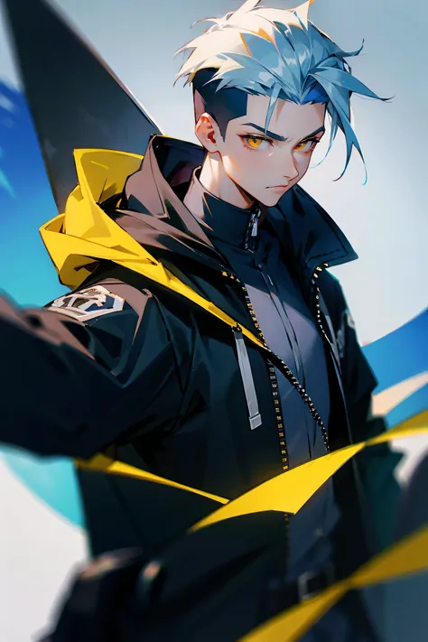 1male, black and white hair , two toned hair, modern undercut hairstyle , blue unzipped hoodie , white hood , yellow eyes , mode...