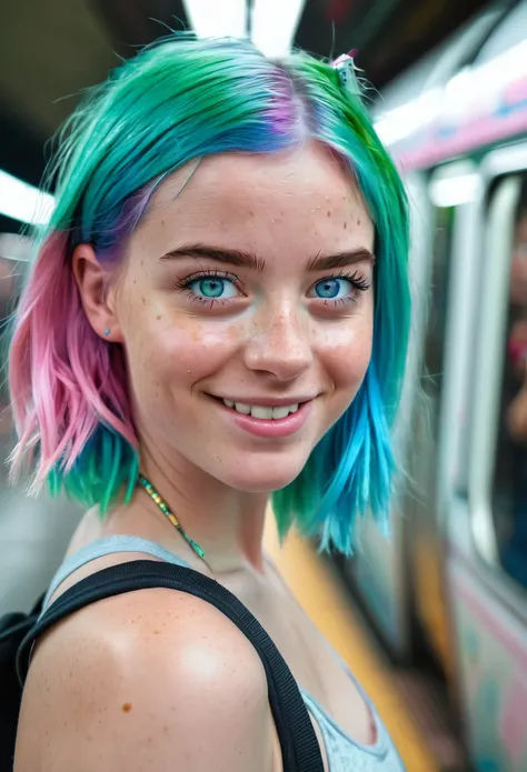 A smiling young lady with blue eyes and a somewhat freckled, sporty face with green-blue and pink hair stands next to the subway in Berlin, photography, realistic 8k