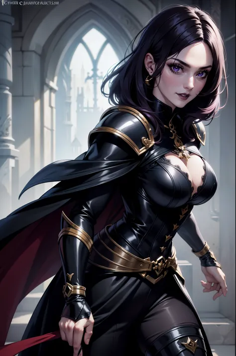 An adult vampire wizard character wearing a very detailed and beautiful gothic armor. Your hair with cut in short style, black lip color, purple eye color;, manto, capuz, caminhando, 8k, Magnificent, Black and crimson Gothic armor, capuz, 8k, magnificent s...