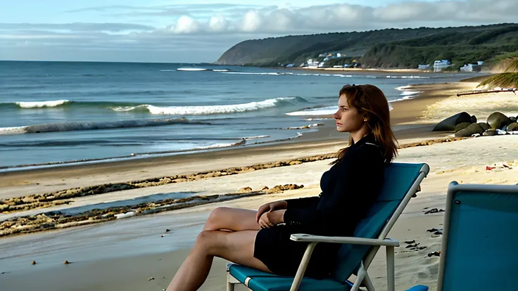 andrew wythe style, lonely woman sitting in a chair on the beach, close to the water, looking out at the ocean