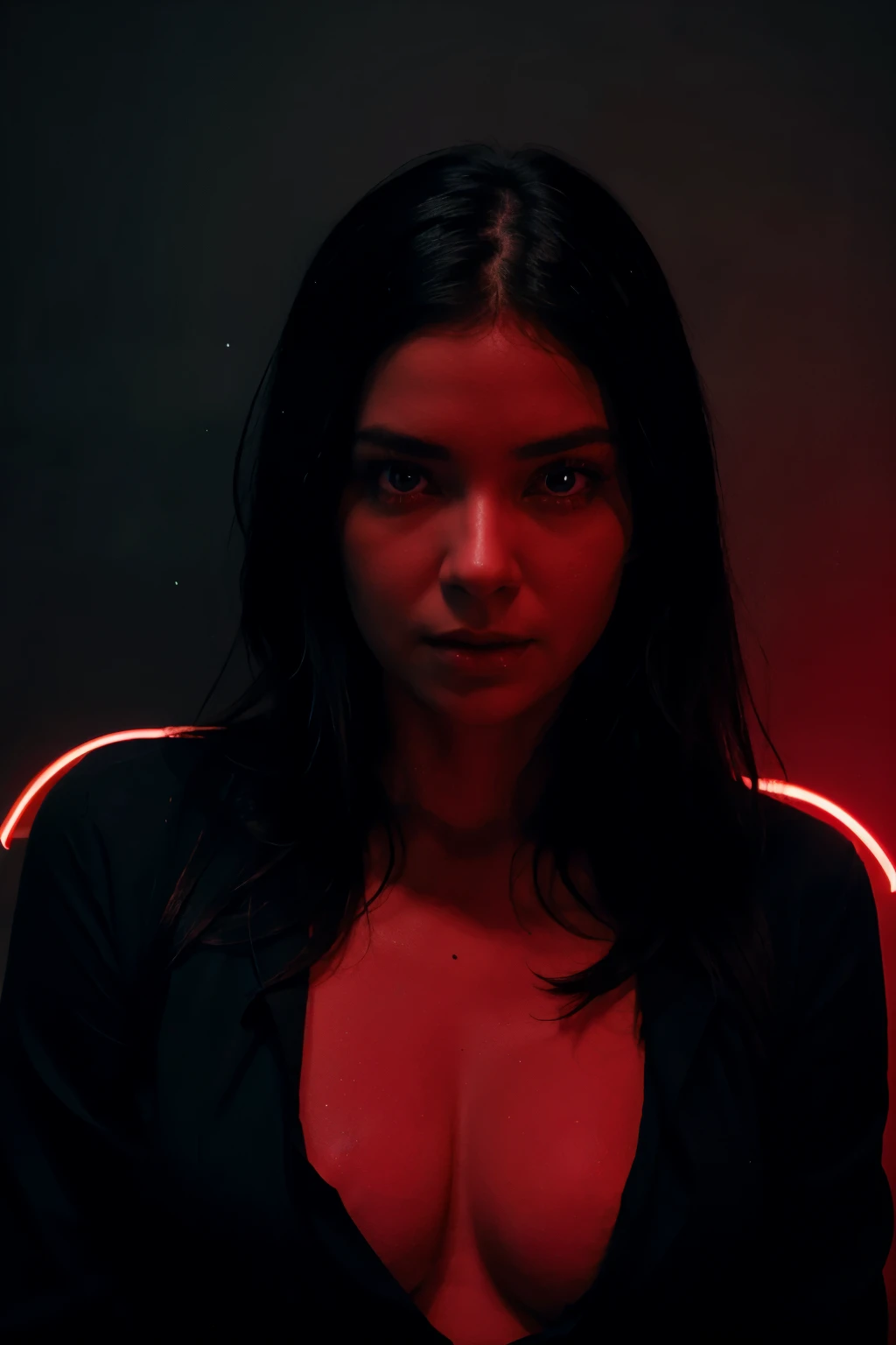 a woman with straight black hair light blue eyes and a black blouse is holding a neon light, with a red halo over her head, three point lighting bjork, red neon light, red lighting on their faces, red neon lights, brilho de lente brilhante garota wraith, d...