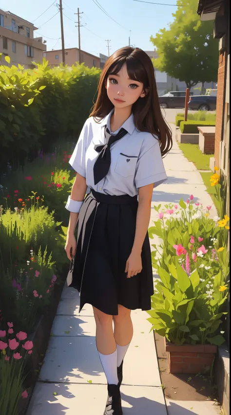 Girl, long brown hair, gray eyes, sharp features, white skin, school uniform, garden