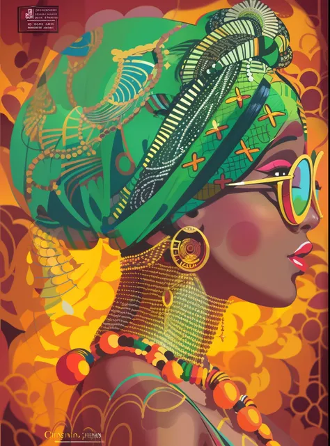 painting of a black woman with a turban and sunglasses on, in style of digital illustration, african woman, detailed color portrait, african queen, full color digital illustration, by Chinwe Chukwuogo-Roy, stunning art style, colored illustration, detailed...