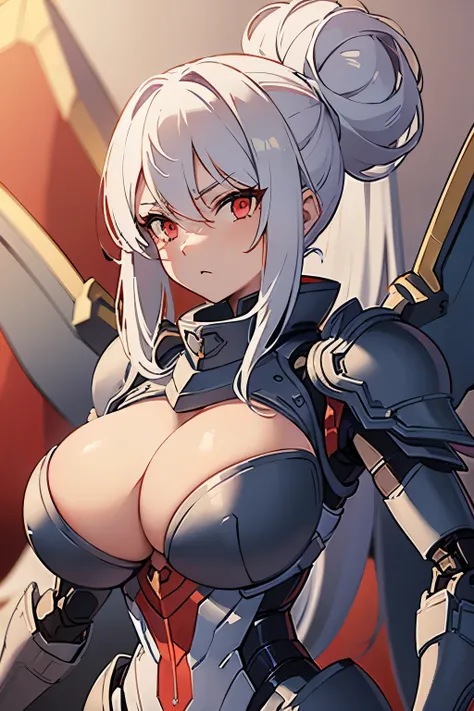 (20 year old), (busty woman), (slim waisted), (large breasts:1.2), (robot wings:1.2), (skimpy robot armor:1.2), (long white hair in messy bun), (red eyes:1.3), (detailed design armor:1.2), (detailed face and eyes:1.2), (huge breasts:1.1), (bimbo), (deep cl...