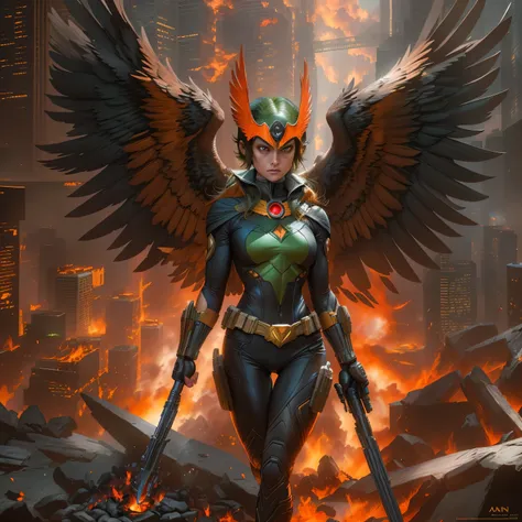 DC comics Hawkgirl in dark knight costume, hawk helmet, in front of a fire, epic anime art, artgerm craig mullins, anime concept hdr anime macmanus, jin - roh, by Arthur Pan, antoine collignon, by Yang J, with bright red eyes, style of raymond swanland, ar...