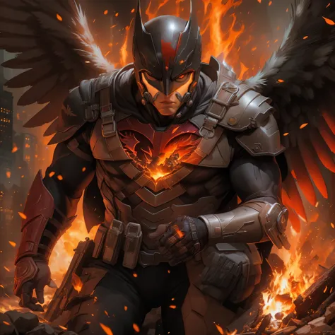 DC comics Hawkman in dark knight costume, hawk helmet, in front of a fire, epic anime art, artgerm craig mullins, anime concept hdr anime macmanus, jin - roh, by Arthur Pan, antoine collignon, by Yang J, with bright red eyes, style of raymond swanland, art...