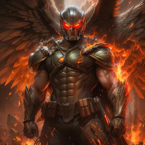 DC comics Hawkman in dark knight costume, hawk helmet, in front of a fire, epic anime art, artgerm craig mullins, anime concept hdr anime macmanus, jin - roh, by Arthur Pan, antoine collignon, by Yang J, with bright red eyes, style of raymond swanland, art...