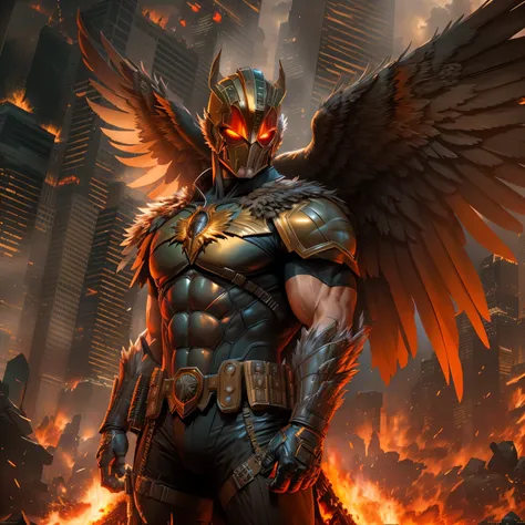 DC comics Hawkman in dark knight costume, hawk helmet, in front of a fire, epic anime art, artgerm craig mullins, anime concept hdr anime macmanus, jin - roh, by Arthur Pan, antoine collignon, by Yang J, with bright red eyes, style of raymond swanland, art...