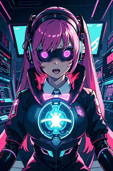 anime cyborg girl sitting in a pilot seat wearing a virtual reality headset covering her eyes on her face with machinery and tub...