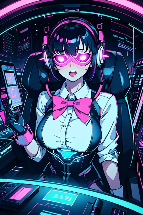 anime cyborg girl sitting in a pilot seat wearing a virtual reality headset covering her eyes on her face with machinery and tub...