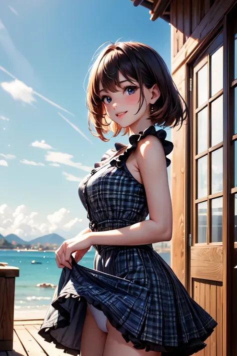 very cute and beautiful girl standing near window,(blue plaid summer dress with detailed frills),sleeveless,detailed lace,(skirt lift,white panties:1.12), (highly detailed beautiful face),beach,wooden floating cottage, cowboy shot,(smile),blush,looking at ...