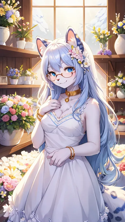 (fluffy anthro furry :1.3),snow leopard girl,medium breasts,blue long hair,white leopard ears,white leopard tail,blue leopard print fur,big round glasses,white dress with ribbon on back,sleeveless,flower hairpin,floral bracelet,round collar,beautiful flowe...