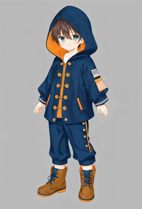 um menino de cabelos castanhos curtos, testa alta, sobrancelhas finas e olhos laranja-acastanhados. Ele usa um longo moletom laranja e azul com um capuz e mangas azul-marinho, navy blue quarter-length pants and short boots with large buttons to match the h...