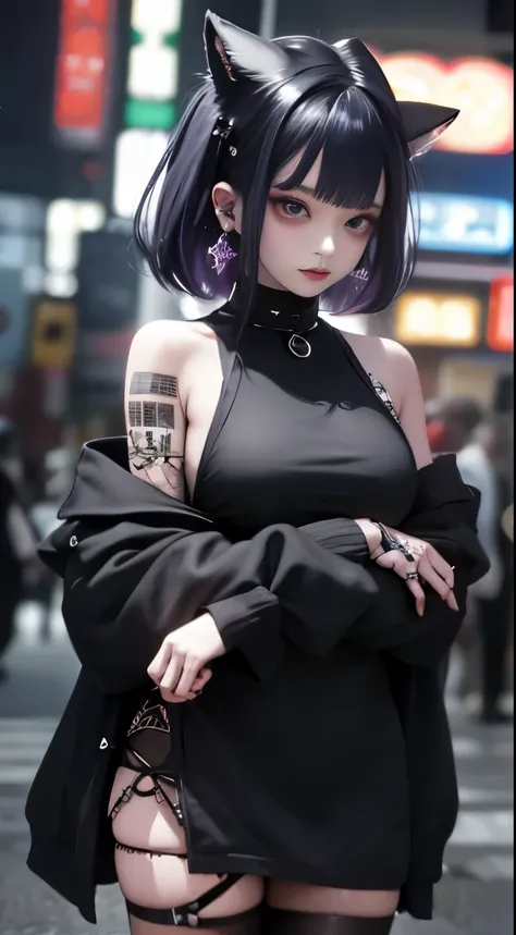 4K - ultra-vivid、highest quality, masterpiece, ultra high resolution, (reality: 1.4),  16 year old girl, purple eyes, Off-the-shoulder sweater dresses, cinematic lighting、purple and black hair、(Mine Girl、goth makeup、my makeup)、(earrings、big breasts、Oversiz...