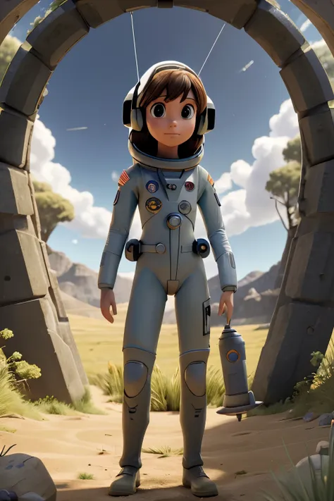 premiado (Corpo todo:0.8) (photographic portrait:1.3) of a young female (Science fiction astronaut:1.3) com um (army tank:1.4), (Portal Estelar:1.4), Looking at a verdant alien planet, (montanhas:1.2) (grama alta:1.4), pedras, fluffy clouds in the sky, tre...