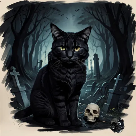 Drawing of a hybrid cat of a skull, con el esqueleto salido, en un cementerio de noche, en estilo de dibujo digital, Dark and gloomy colors