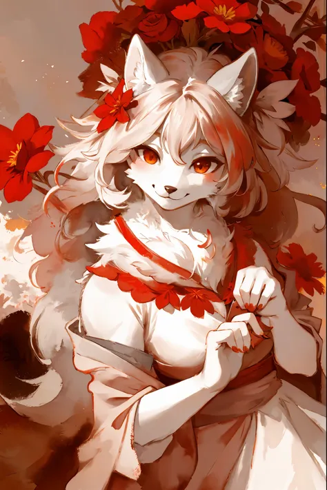 monochrome, watercolor, highres, top quality, best quality, paid reward available, High-quality illustrations, unparalleled masterpiece, perfect artwork, absurdres, 1girl, kemono, furry, detailed body fur, animal face, animal hand, Archaic Smile, holding a...