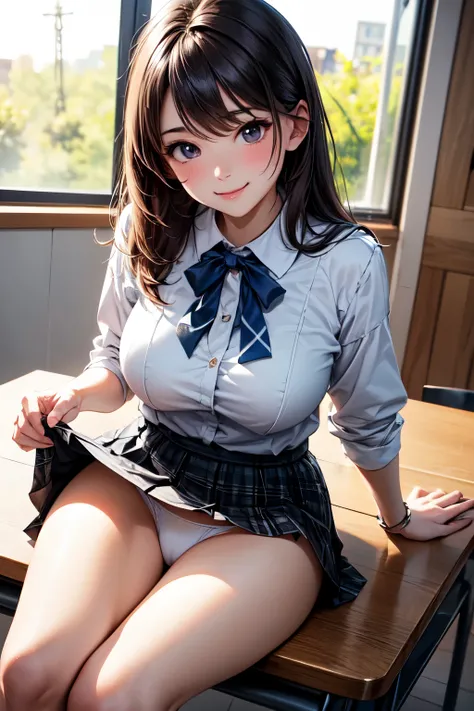 very cute and beautiful girl,(highly detailed beautiful face),white blouse,ribbon,(pleated plaid mini skirt),looking at viewer, (skirt lift,white panties),(smile),blush,black hair,wooden classroom, (best quality,masterpiece:1.2),absurdres,highres,ultra-det...