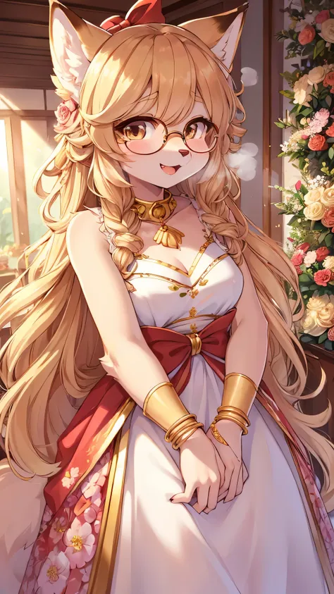 (fluffy anthro furry :1.3),fox girl,medium breasts,gold long hair,wavy hair,glasses,white cute dress with ribbon,sleeveless,floral hair ornament,gold bracelet,round collar,beautiful flower shop,gold sunlight,looking at viewer,shy face,smile,open mouth,heav...