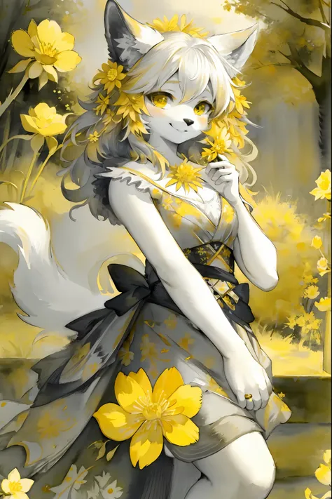 monochrome, watercolor, highres, top quality, best quality, paid reward available, High-quality illustrations, unparalleled masterpiece, perfect artwork, absurdres, 1girl, kemono, furry, detailed body fur, animal face, animal hand, Archaic Smile, holding a...