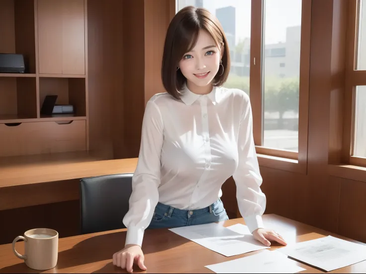 masterpiece、highest quality、picture、reality、High level image quality、Advanced depth of field、every day、lively、office、((bright room))、Unmarried women、30 generations、work、((Standing leaning against a desk))、arms crossed、big and full breasts、white see-through...