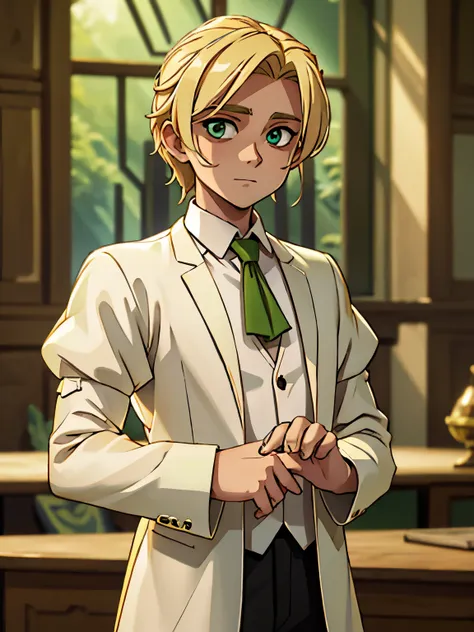 a young lord wearing a fancy white shirt, dusty blonde hair, glowing green eyes, with green magical energy around his hands