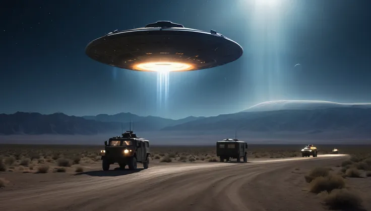 (cinematic science fiction photography:1.6) an ominous photograph capturing an apparent ufo encounter over the secretive area 51...