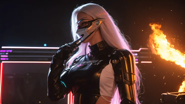 ((Realistic, best quality, Masterpiece: 1.3)), white long hair, gorgeous cyberpunk woman, neon lights, movie poster, cinema view, human robot, cyberpunk mask, bright, fire, sparks, smoke, upper body, dark, explosions,