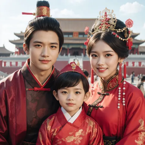 photo of an Indonesian family outdoors, a 22-year-old man, a 20-year-old woman, and a 4-year-old boy, all wearing traditional Chinese royal clothing, hanfu, neatly styled hair, in red color, with a backdrop of the Forbidden City, bright colors, good lighti...