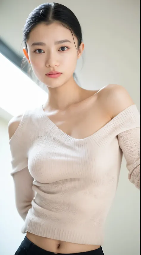 ((highest quality, 8k, masterpiece: 1.3)), sharp: 1.2, perfect body beauty: 1.4, slim abs: 1.2, ((nude、big breasts: 1.2)), (((ultra-thin ribbed sweater:1.3, ultra-thin off-shoulder sweater))), Lower body naked:1.2, bare shoulders, (((bare navel、Lower breas...