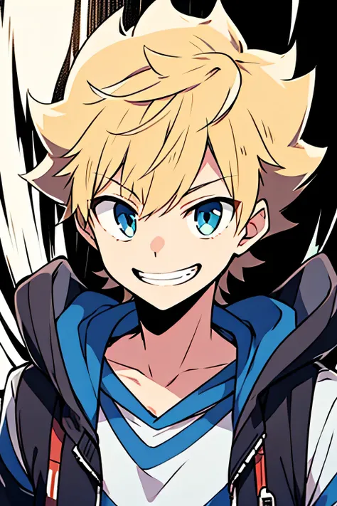 (high-quality, breathtaking),(expressive eyes, perfect face), 1boy, male, solo, short, young boy, blonde, smiling with teeth, hoodie, dark eyes, facing the camera.