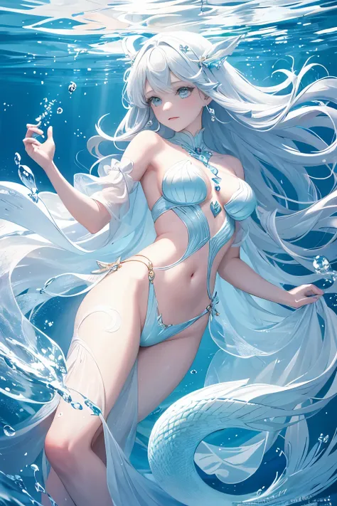 A magnificent girl, dressed in the most ethereal white attire, sets the stage as a mesmerizing mermaid. Her long, flowing white hair cascades around her, blending seamlessly with the serene underwater environment. Her eyes, mysterious and captivating, peer...