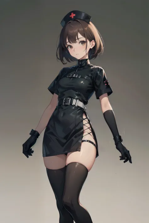 black nurse, 1 female, alone, black nurse cap, Blackware, ((black legwear, zettai ryouiki)), black elbow gloves,brown hair, brown eyes,  Are standing, ((operating room)), sharp outline, short sleeve, young woman, 20-year-old, highest quality, masterpiece