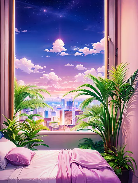 a bed with a pink comforter and a window with a view of a city, anime aesthetic, anime background art, dream scenery art, scenery wallpaper aesthetic, dreamy aesthetic, anime vibes, beautiful aesthetic art, vaporwave wallpaper environment, anime background...