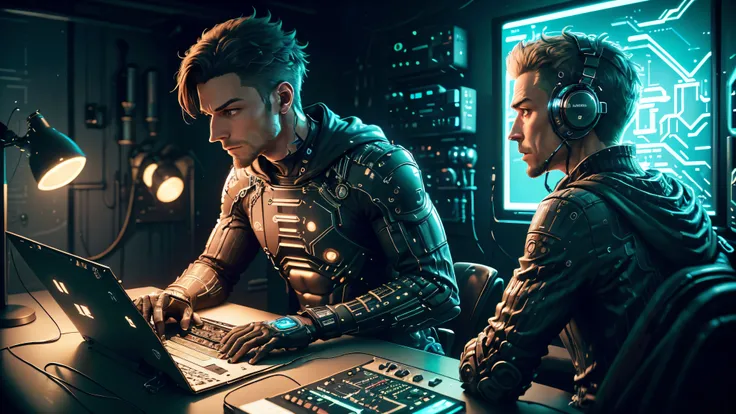 realistic, Cinematic, High quality: a man wearing robotic prosthetics sits in front of a MIDI keyboard and a computer. Ils sont dans un studio d&#39;enregistrement cyberpunk, a room with cables and pipes, with a synthesizer hanging on the wall. Langue cibl...