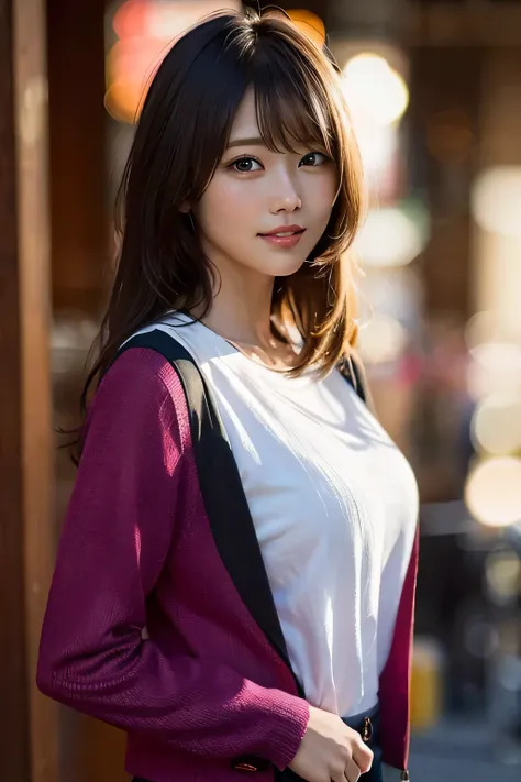 (8k, RAW photo, highest quality, masterpiece: 1.2), (realistic, photorealistic: 1.37), Super detailed, ultra high resolution, one girl, Beholder, beautiful and detailed face, smile, narrow, (slim waist): 1.3), T-shirt, (((T-shirtを持ち上げる&#39;Jacket))),Fine a...