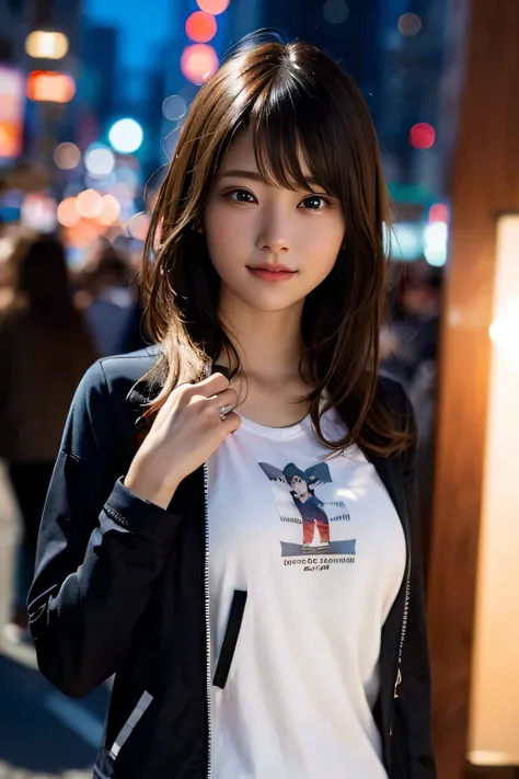 (8k, RAW photo, highest quality, masterpiece: 1.2), (realistic, photorealistic: 1.37), Super detailed, ultra high resolution, one girl, Beholder, beautiful and detailed face, smile, narrow, (slim waist): 1.3), T-shirt, (((T-shirtを持ち上げる&#39;Jacket))),Fine a...