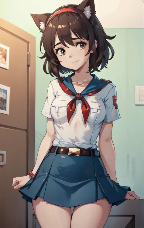 very young slim fit girl, pioneer neckerchief, very short blue skirt, bangs, collarbone, tight white crop shirt, bursting breast, short sleeves, collared shirt, belt, red neckerchief, full height, rounded face, very long disheveled dark brown hair, big bro...