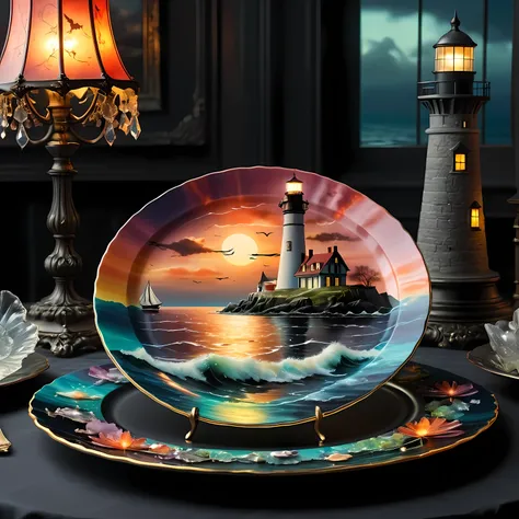 Masterpiece in maximum 16K resolution, superb quality, close up of an elegant plate with an image of an eerie marine scene with an otherworldly lighthouse, vintage look, the plate iade of finest crystals) and positioned on an empty black table with gothic ...