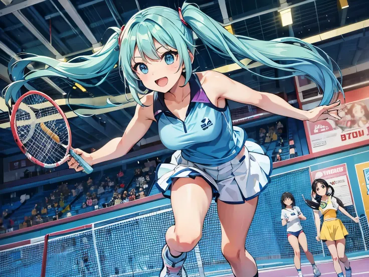 light blue long hair、Beautiful girl with twin tails　Jumping with a badminton racket　enjoying badminton　A happy smile　sports girls