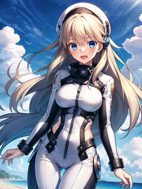 1girl, solo, breasts, looking at viewer, blush, smile, long hair, bangs, large breasts, blonde long hair, long sleeves, blue eyes, headphone,beret,:d, bodysuit, bspace, white bodysuit, blue sky,sea,summer,wind:1.3,beach, spacesuit BREAK 