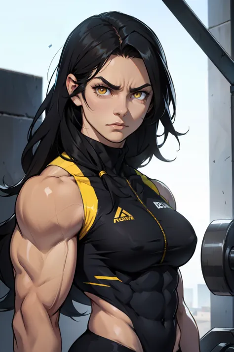 female muscular toned body muscles female bodybuilder solo long hair black hair yellow eyes pale skin upset