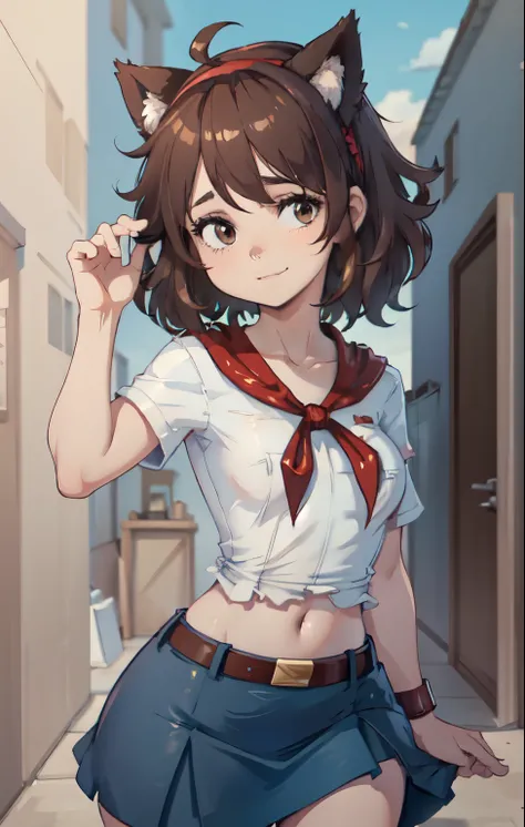 very young slim fit girl, pioneer neckerchief, very short blue skirt, bangs, collarbone, tight white crop shirt, bursting breast, short sleeves, collared shirt, belt, red neckerchief, full height, rounded face, (very long disheveled dark brown hair:1.4), b...